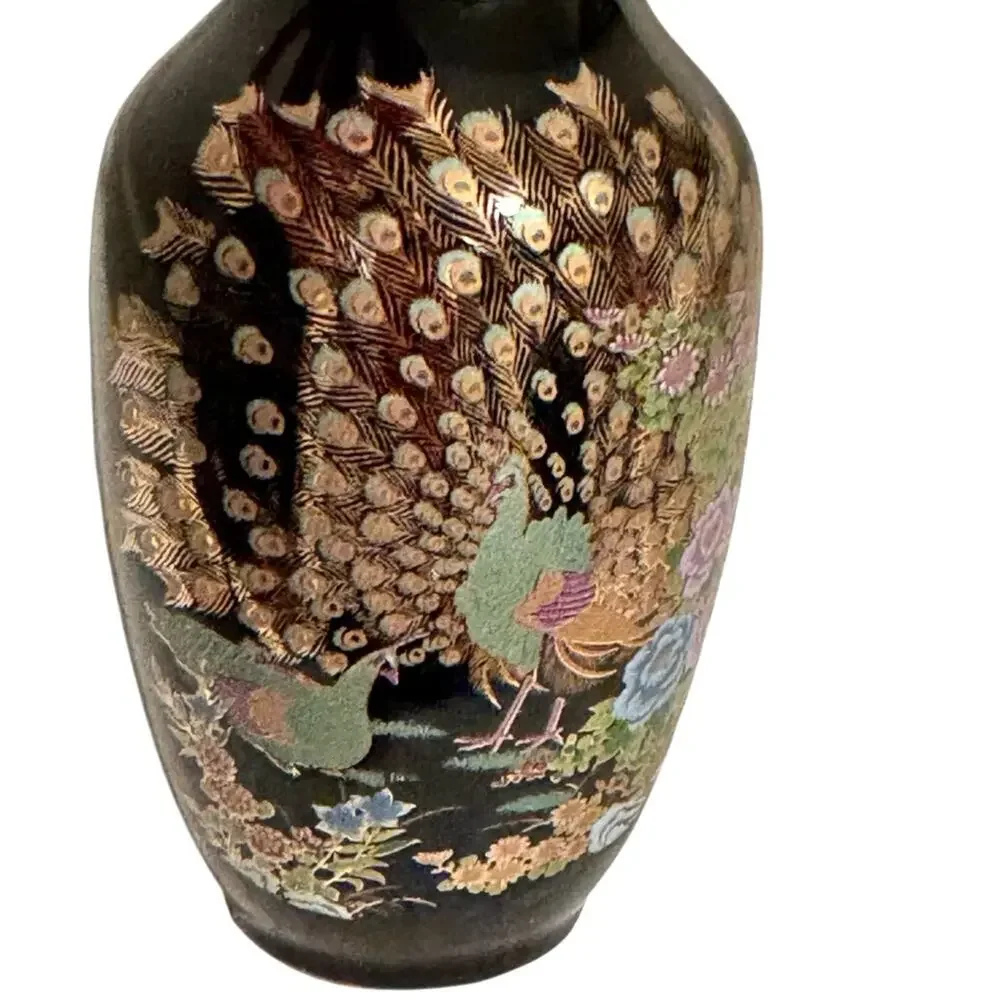 Vintage Japanese Porcelain Peacock Vase Gold Floral Black Hand Painted Japan 5” - Picture 2 of 7